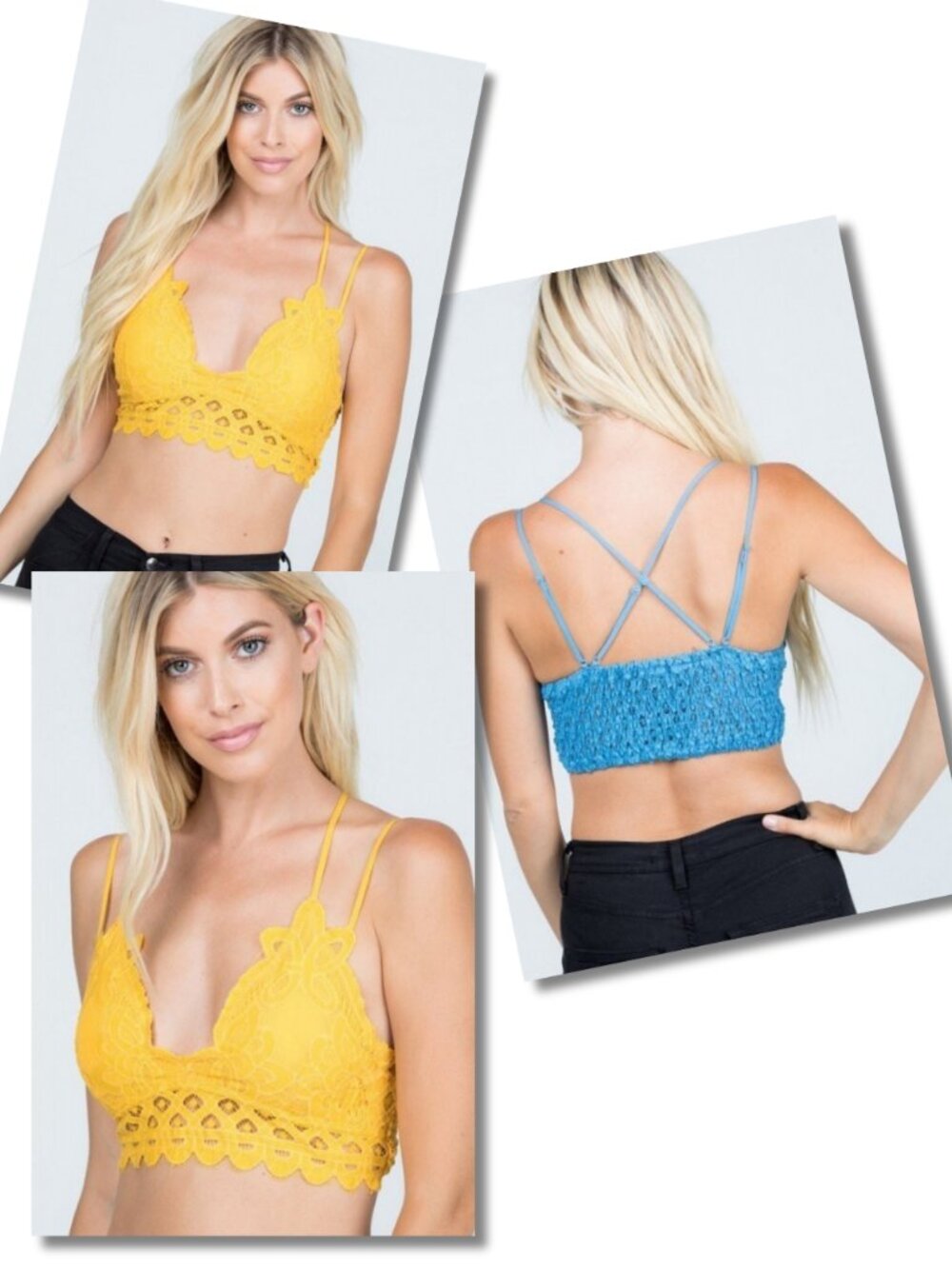 New Sexy Bohemian Style Yellow or Blue Criss-cross Strappy Back Lace Bralette